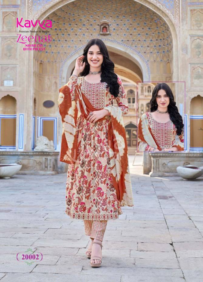 Zeenat Vol 20 By Kavya Foil Printed Naira Cut Kurti With Bottom Dupatta Wholesale Market In Surat
